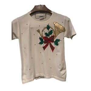 Just Ducky Small Holiday  T-Shirt Appliqué ‎ Horn Design Graphic Tee Holly  Bows